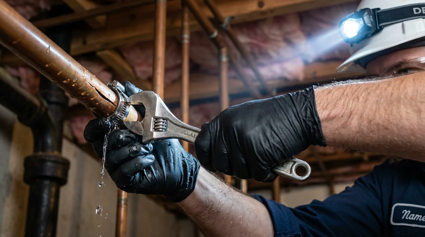 Emergency pipe clamp repair being performed by a Johns Plumbing LLC plumber in Oronogo