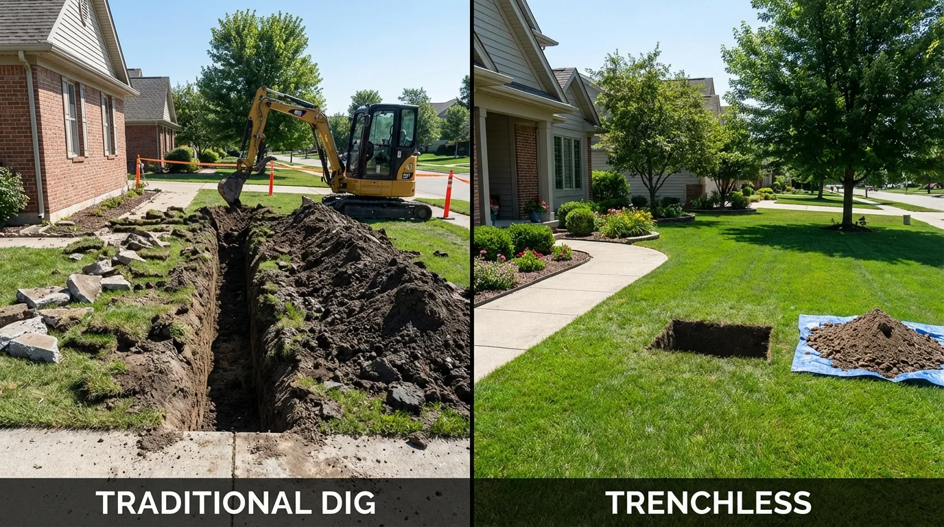 Trenchless sewer repair with minimal yard damage versus traditional excavation in Oronogo, MO